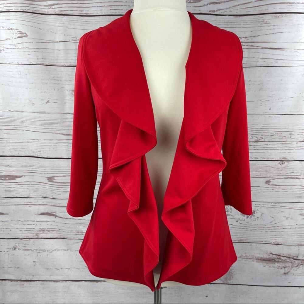 Calvin Klein red ruffle front knit open jacket
